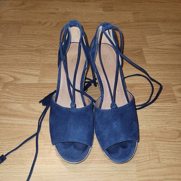 Cabi Womens Isla Wedge Espadrille Sandals Ankle Wrap Navy Suede Boho Size 6 - Picture 2 of 11